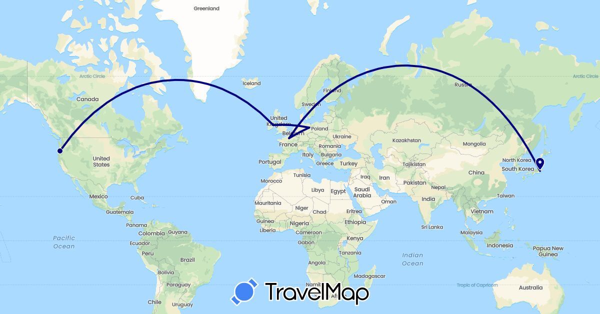 TravelMap itinerary: driving in Germany, France, Ireland, Japan, United States (Asia, Europe, North America)